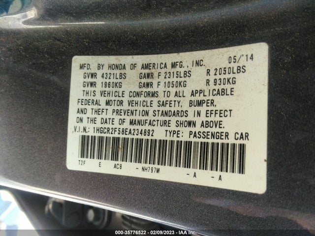 2014 HONDA ACCORD SEDAN SPORT VIN: 1HGCR2F58EA234892