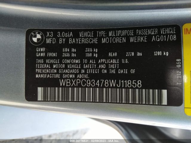 WBXPC93478WJ11858 BMW X3 3.0SI