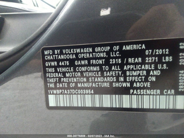Volkswagen Passat Se W/sunroof 2013 1VWBP7A37DC003954 Image 10