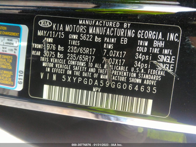2016 Kia Sorento, VIN: 5XYPGDA59GG064635