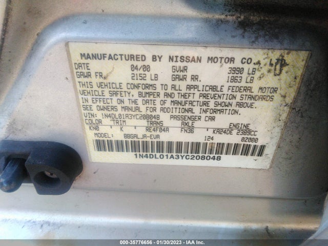 2000 NISSAN ALTIMA GXE/SE/GLE VIN: 1N4DL01A3YC208048