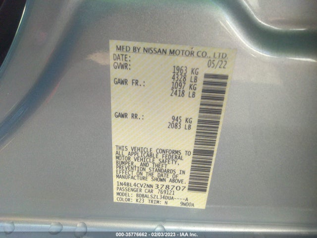 2022 NISSAN ALTIMA 2.5 SR VIN: 1N4BL4CV2NN378707