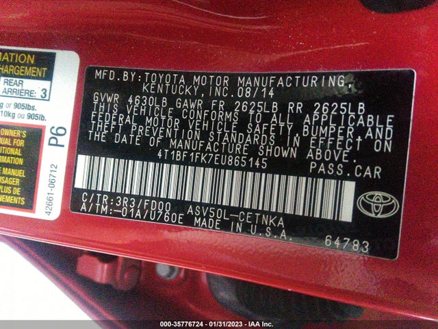 2014 TOYOTA CAMRY L/LE/XLE/SE/SE SPORT VIN: 4T1BF1FK7EU865145