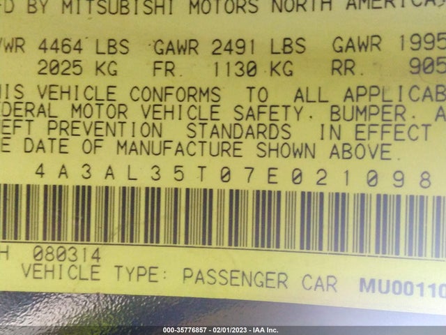 4A3AL35T07E021098 Mitsubishi ECLIPSE GT