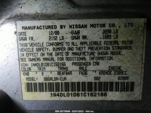 2001 NISSAN ALTIMA GXE VIN: 1N4DL01D81C162166