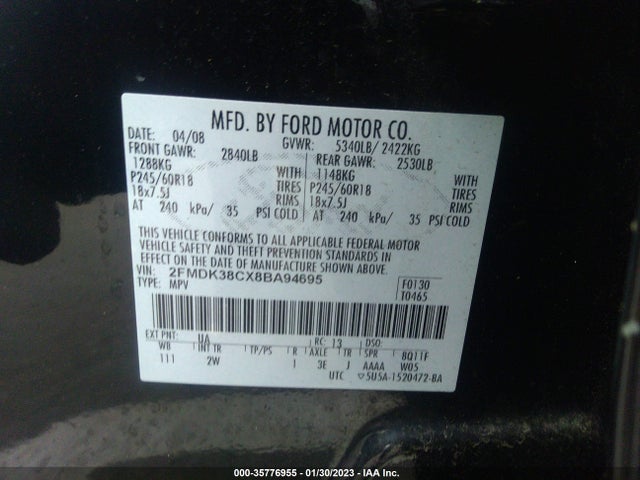 Продаж на аукціоні авто 2008 Ford Edge Sel, vin: 2FMDK38CX8BA94695, номер лоту: 35776955