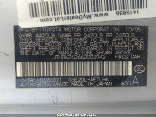 Lexus Is 250 Manual/auto 2006 JTHBK262662003942 Image 11