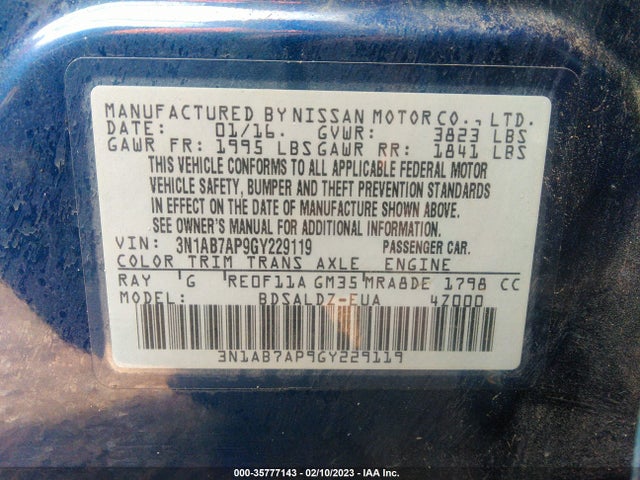 2016 Nissan Sentra, VIN: 3N1AB7AP9GY229119