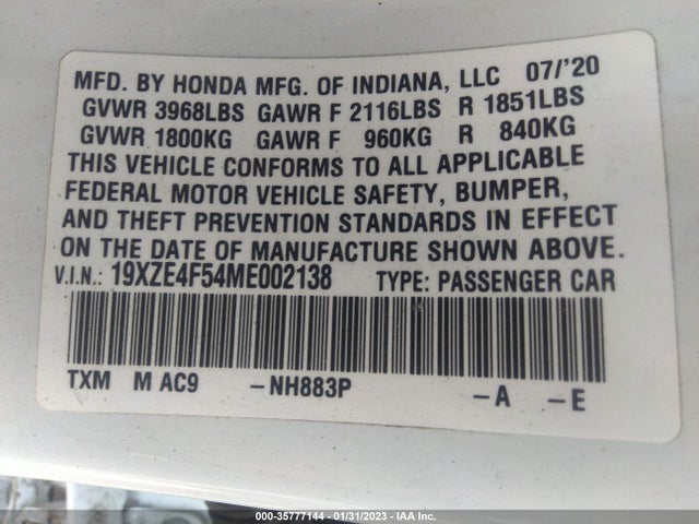 2021 HONDA INSIGHT EX VIN: 19XZE4F54ME002138