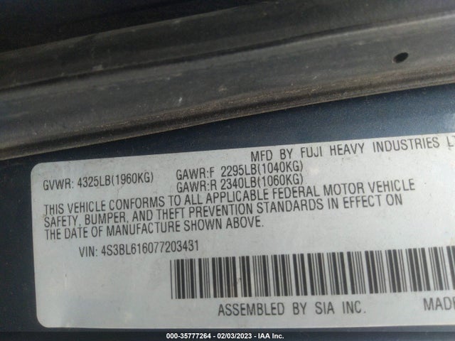 2007 SUBARU LEGACY SEDAN SPECIAL EDITION VIN: 4S3BL616077203431