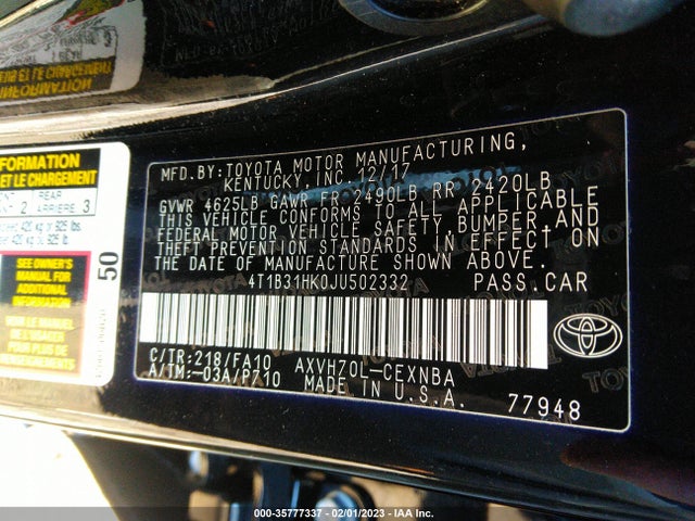 2018 Toyota Camry, VIN: 4T1B31HK0JU502332