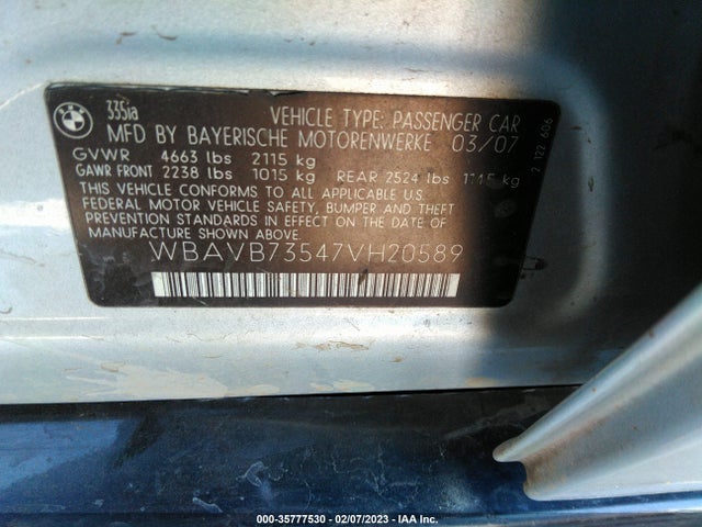 2007 BMW 3 SERIES 335I VIN: WBAVB73547VH20589