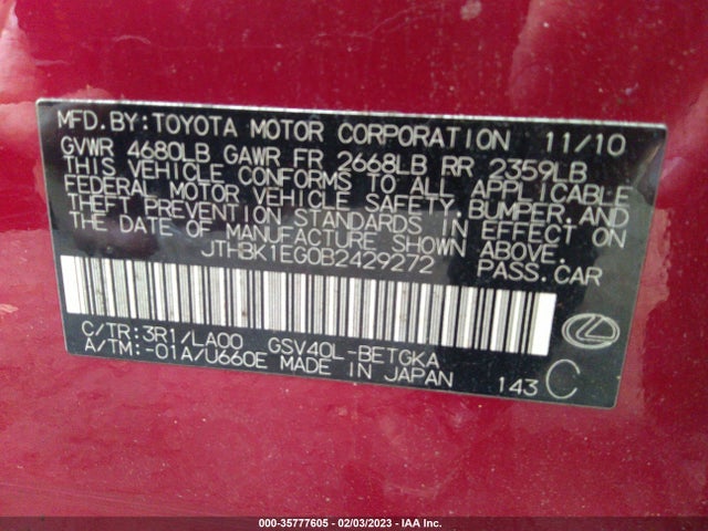 JTHBK1EG0B2429272 Lexus ES 350