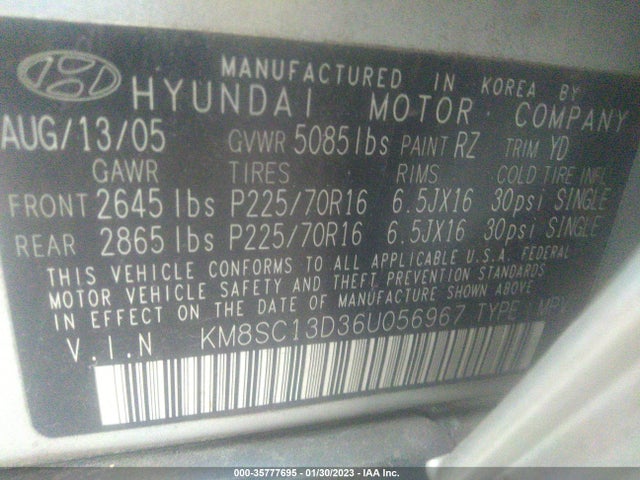 2006 HYUNDAI SANTA FE GLS VIN: KM8SC13D36U056967