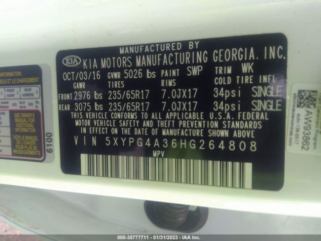5XYPG4A36HG264808 KIA SORENTO LX