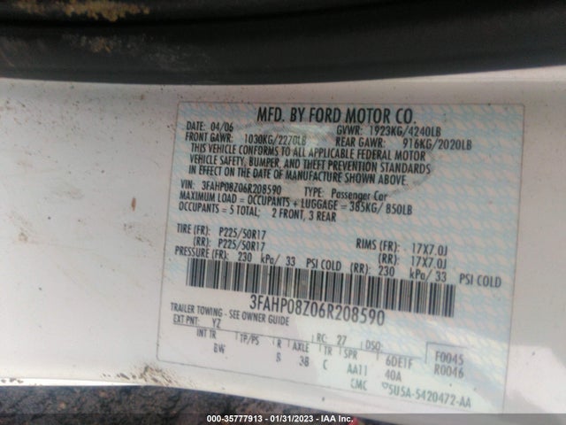 2006 FORD FUSION SEL VIN: 3FAHP08Z06R208590