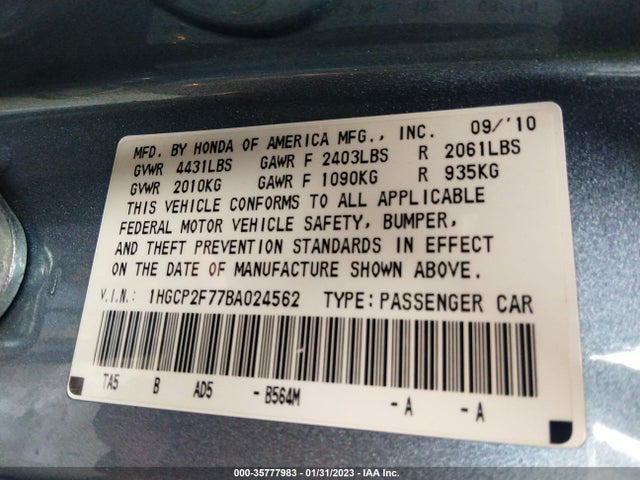 2011 HONDA ACCORD SDN EX VIN: 1HGCP2F77BA024562