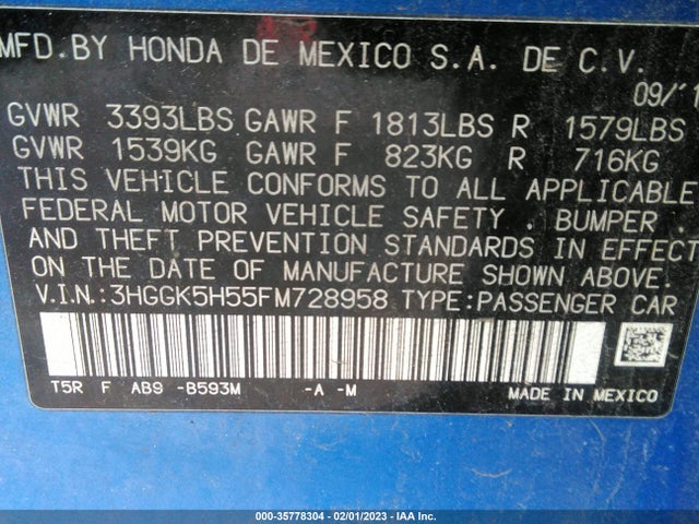 2015 HONDA FIT LX VIN: 3HGGK5H55FM728958