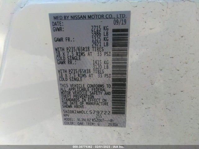 2020 Nissan Pathfinder, VIN: 5N1DR2AM0LC579722