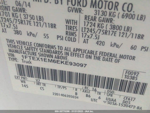 2014 FORD F-150 XL VIN: 1FTEX1EM6EKE93097