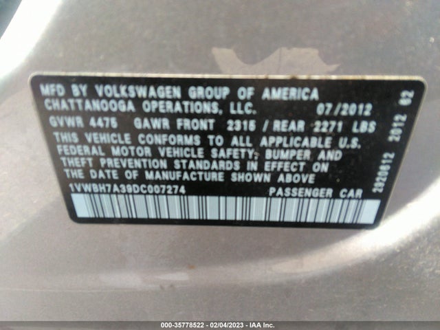 2013 VOLKSWAGEN PASSAT SE W/SUNROOF VIN: 1VWBH7A39DC007274