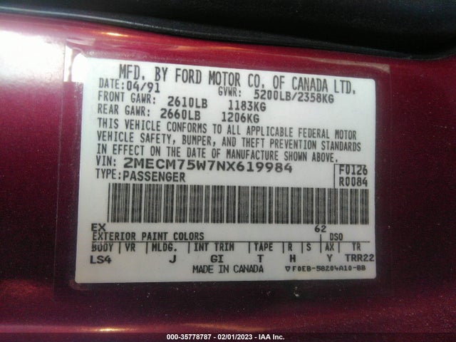 1992 MERCURY GRAND MARQUIS LS VIN: 2MECM75W7NX619984