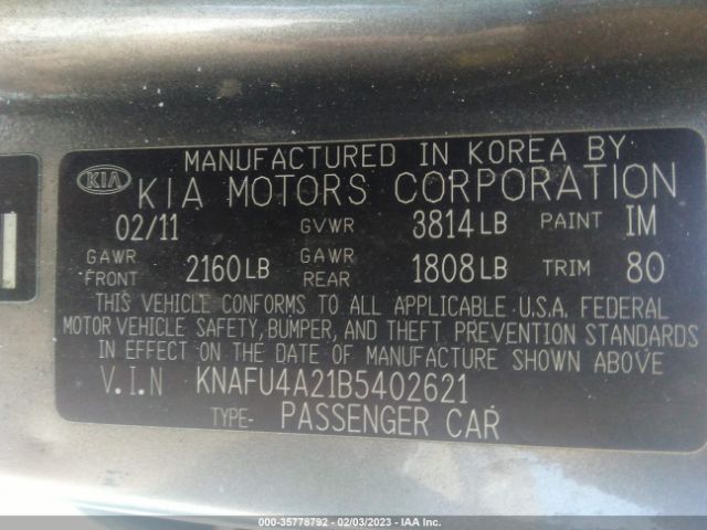 KNAFU4A21B5402621 KIA FORTE EX