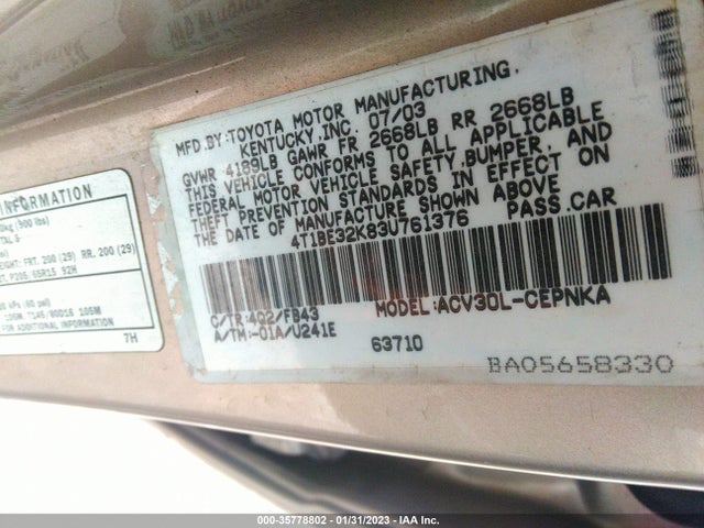 2003 TOYOTA CAMRY LE/SE/XLE VIN: 4T1BE32K83U761376