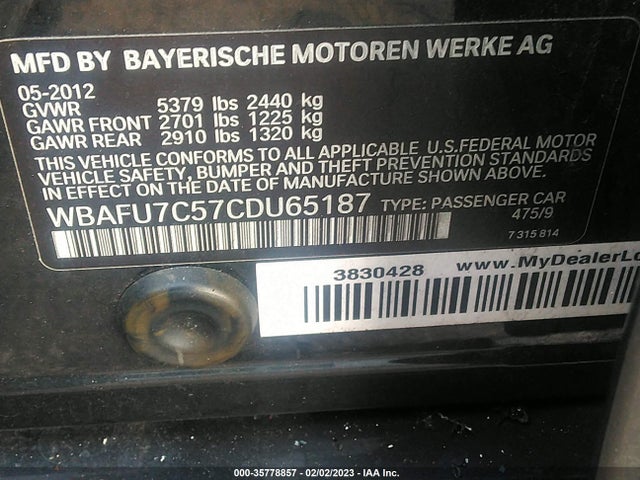 2012 BMW 5 SERIES 535I XDRIVE VIN: WBAFU7C57CDU65187