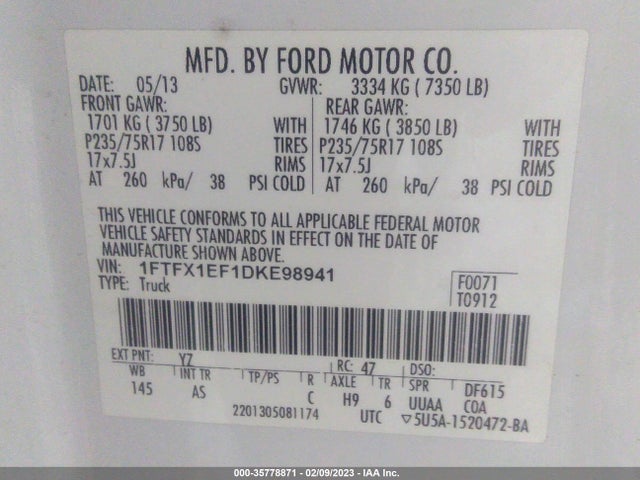 2013 FORD F-150 XL/STX/XLT/FX4/LARIAT VIN: 1FTFX1EF1DKE98941