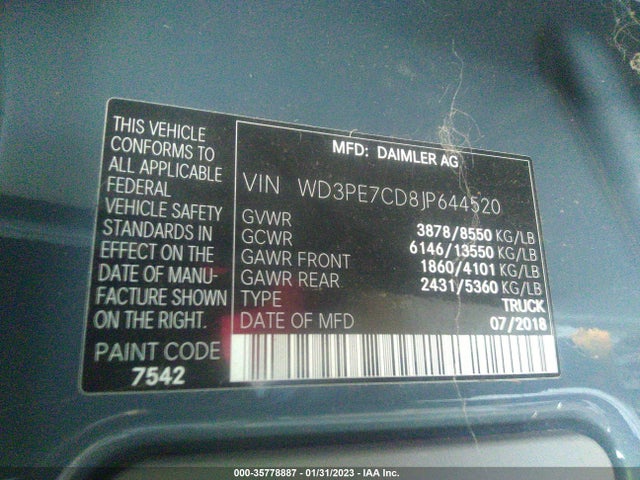2018 Mercedes-Benz Sprinter, VIN: WD3PE7CD8JP644520