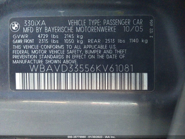 BMW 3 Series 330xi 2006 WBAVD33556KV61081 Image 10