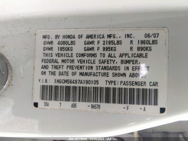 2007 HONDA ACCORD SDN LX VIN: 1HGCM56497A190105