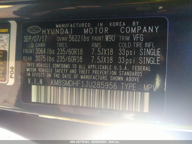 Продажа на аукционе авто 2018 Hyundai Santa Fe Se, vin: KM8SMDHF1JU285956, номер лота: 35779161
