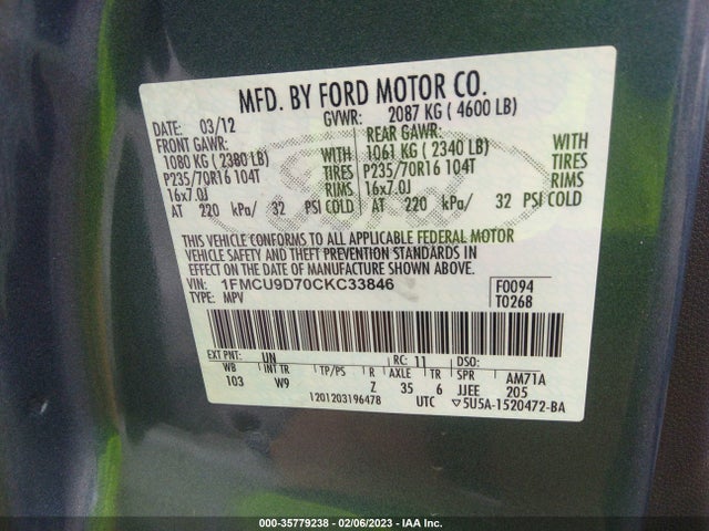 2012 FORD ESCAPE XLT VIN: 1FMCU9D70CKC33846