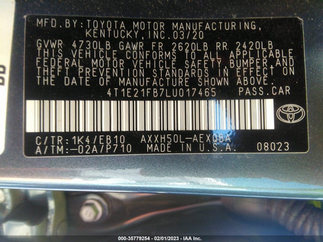 2020 TOYOTA AVALON HYBRID XSE VIN: 4T1E21FB7LU017465