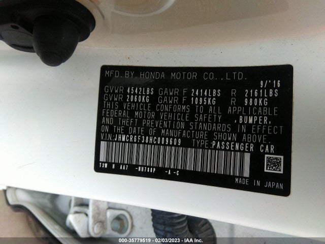 2017 HONDA ACCORD HYBRID VIN: JHMCR6F38HC009609