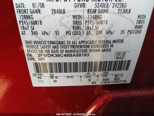 2008 FORD EDGE SEL VIN: 2FMDK38C48BA58193