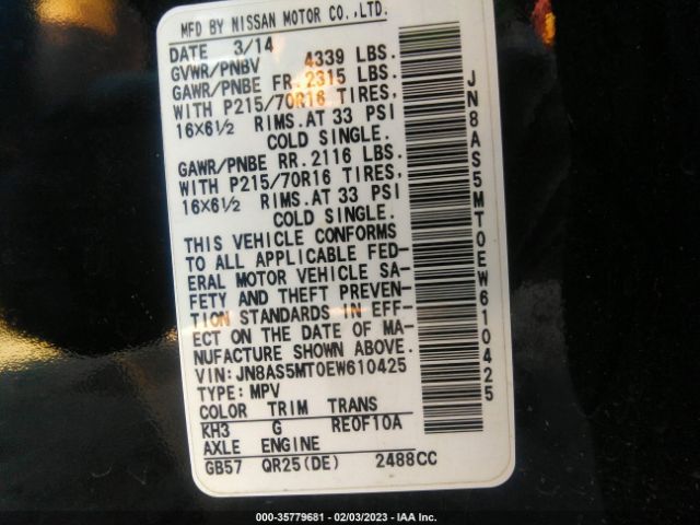 JN8AS5MT0EW610425 Nissan Rogue Select S