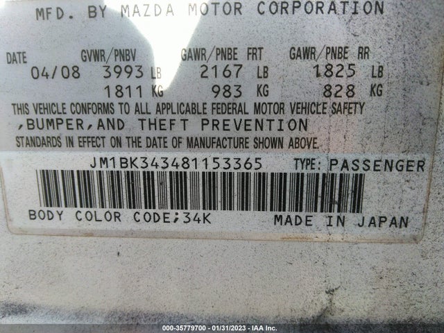 2008 MAZDA MAZDA3 S SPORT VIN: JM1BK343481153365