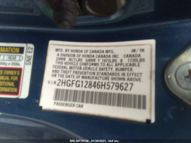 2006 HONDA CIVIC CPE EX VIN: 2HGFG12846H579627