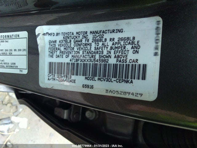 2003 TOYOTA CAMRY LE/SE/XLE VIN: 4T1BF30KX3U545982