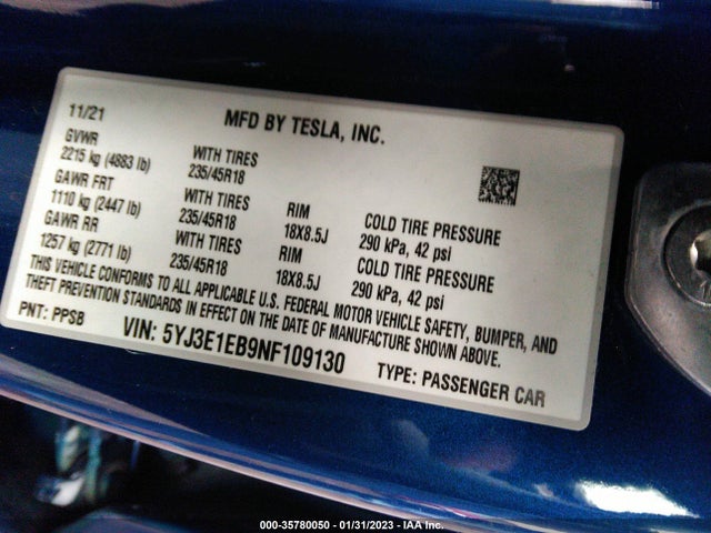 Tesla Model 3 Long Range 2022 5YJ3E1EB9NF109130 Image 9