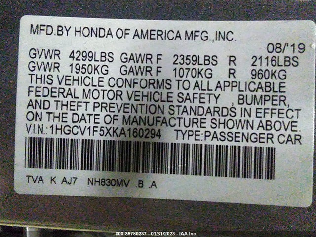2019 HONDA ACCORD SEDAN EX-L 1.5T VIN: 1HGCV1F5XKA160294