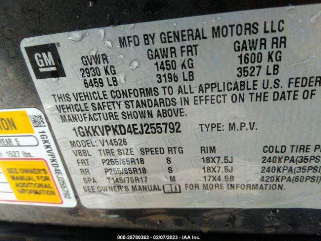 1GKKVPKD4EJ255792 GMC ACADIA SLE