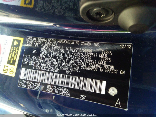 2013 LEXUS RX 350 VIN: 2T2ZK1BA7DC108300