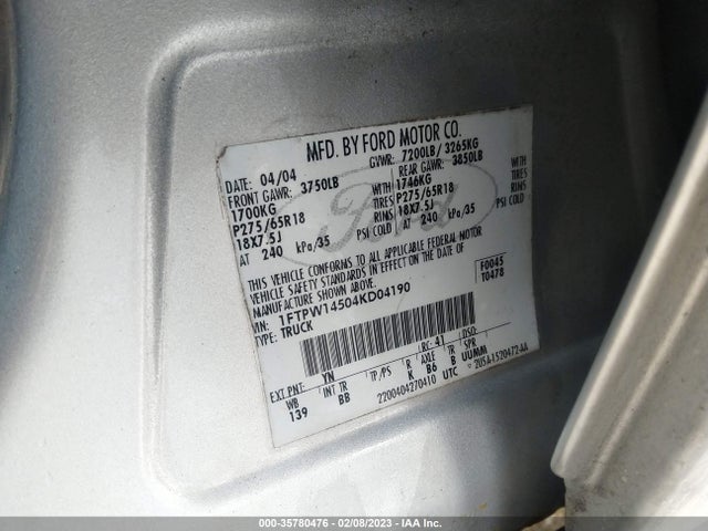 2004 FORD F-150 XLT/FX4/LARIAT VIN: 1FTPW14504KD04190