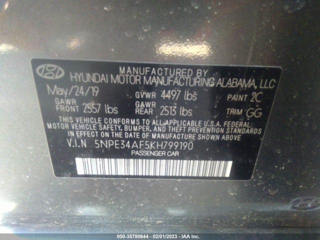 2019 HYUNDAI SONATA SEL VIN: 5NPE34AF5KH799190