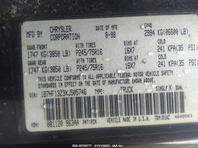 Dodge RAM 1500 1999 1B7HF13Z3XJ505746 Image 10
