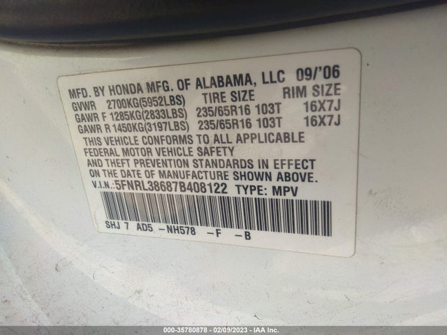 2007 HONDA ODYSSEY EX-L VIN: 5FNRL38687B408122